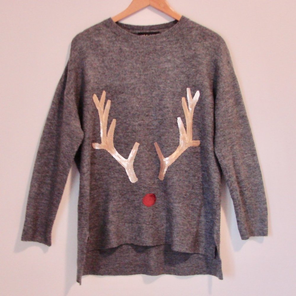 Love & Legend Rudolph Reindeer Gray Sequin Christmas Sweater Plus Size 1X